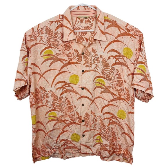 Tommy Bahama Other - Tommy Bahama 100% Silk Camp Shirt Palm Fronds Tropic Hawaiian Mens Sz 2XL Peach